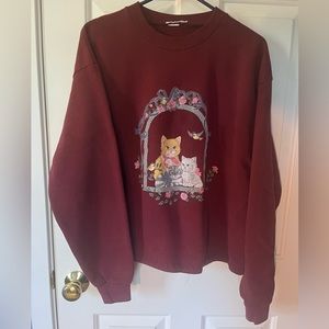 Vintage 1990s Grandma Cat Lady Birds Roses Bows Burgundy Crewneck Sweatshirt XL